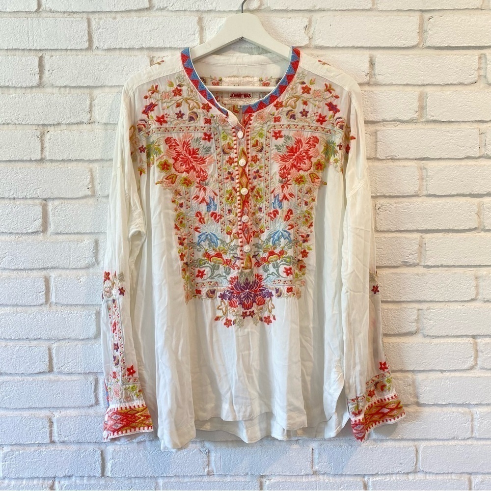 Johnny Was Biya White Floral Embroidered Blouse Shirt Women’s Size Small